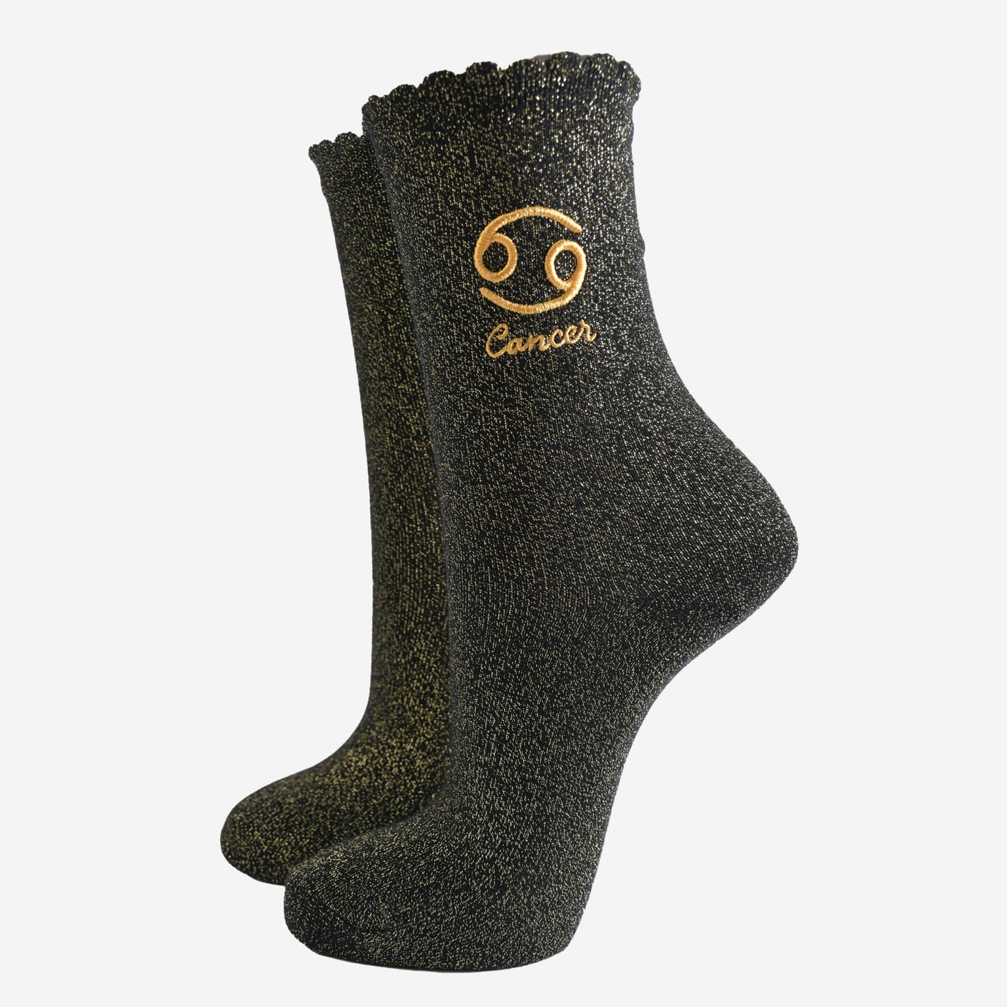 Sock Talk - Women's Glitter Socks - Black/Gold, Zodiac Cancer