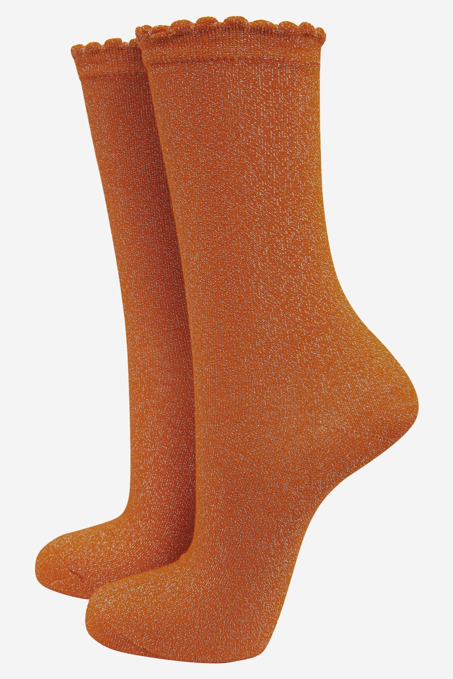 Sock Talk - Burnt Orange All Over Glitter Socks with Scalloped Cuff