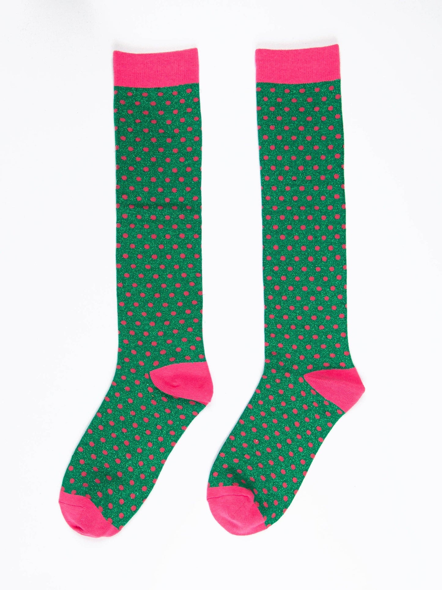 Sock Talk - Women's Knee High Glitter Socks - Green/Pink, Polka Dots