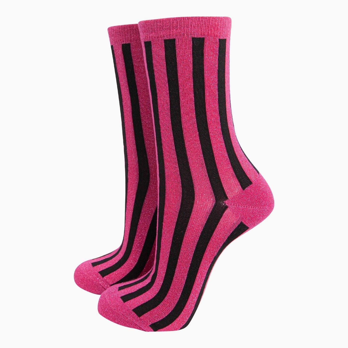 Sock Talk - Women's Glitter Socks - Hot Pink/Black, Stripes