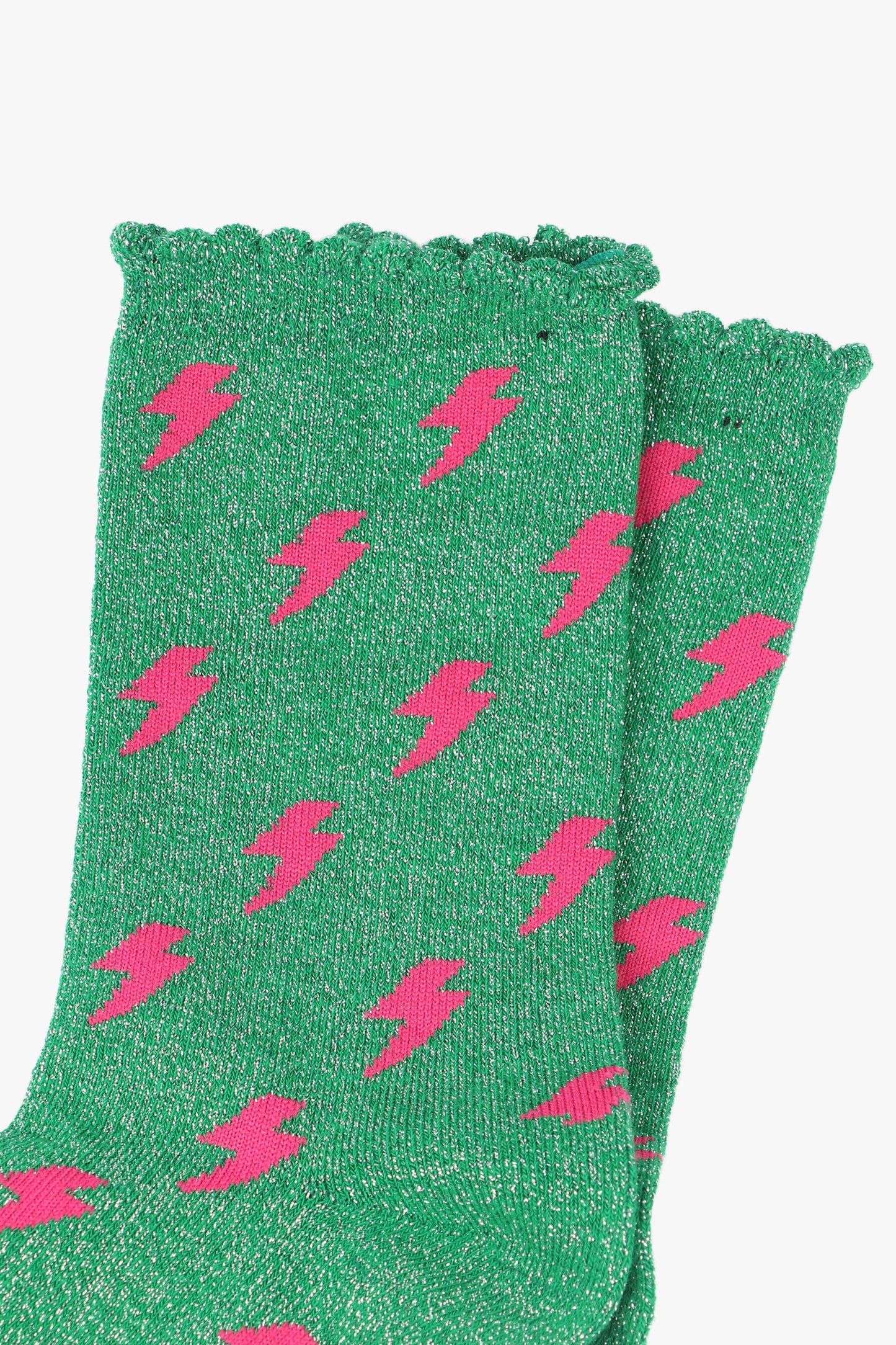 Sock Talk - Green Pink Lightning Glitter Socks with a Scalloped Cuff