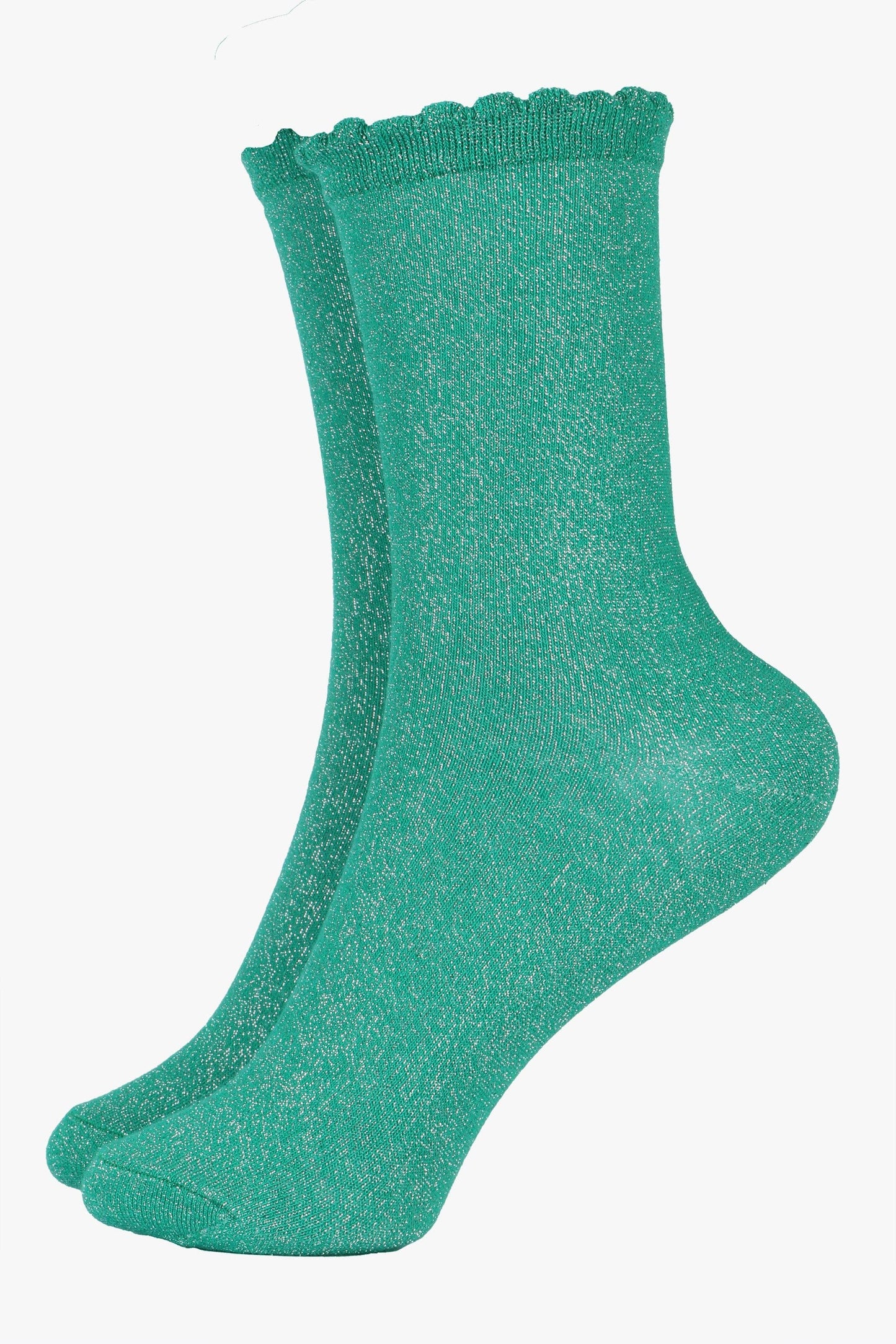 Sock Talk - Glitter Socks Silver Ankle Socks Green with Scalloped Cuff