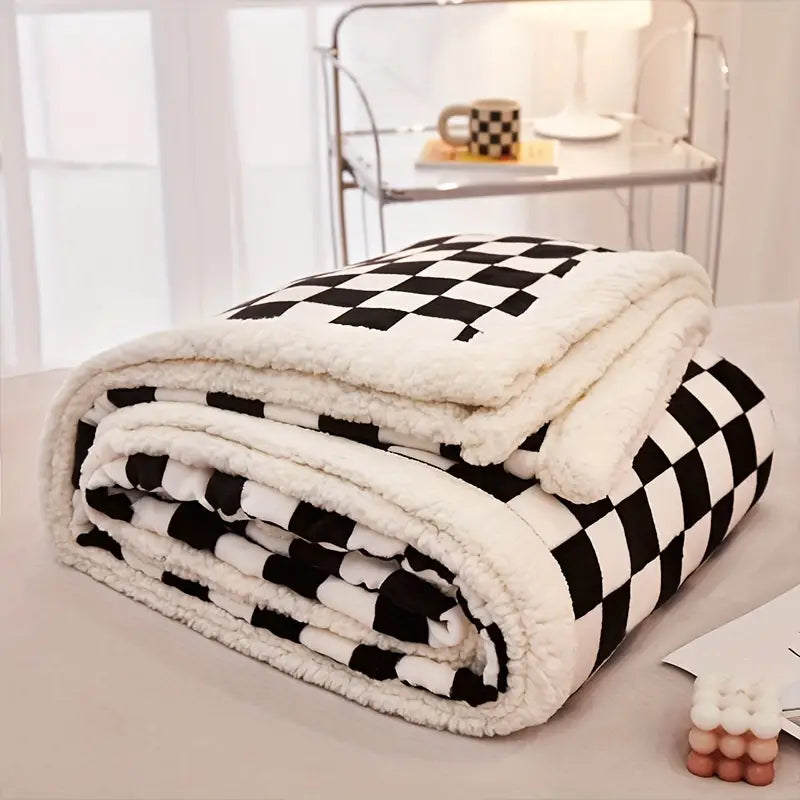 Checkerboard Sherpa Luxury Throw Blanket Green & White