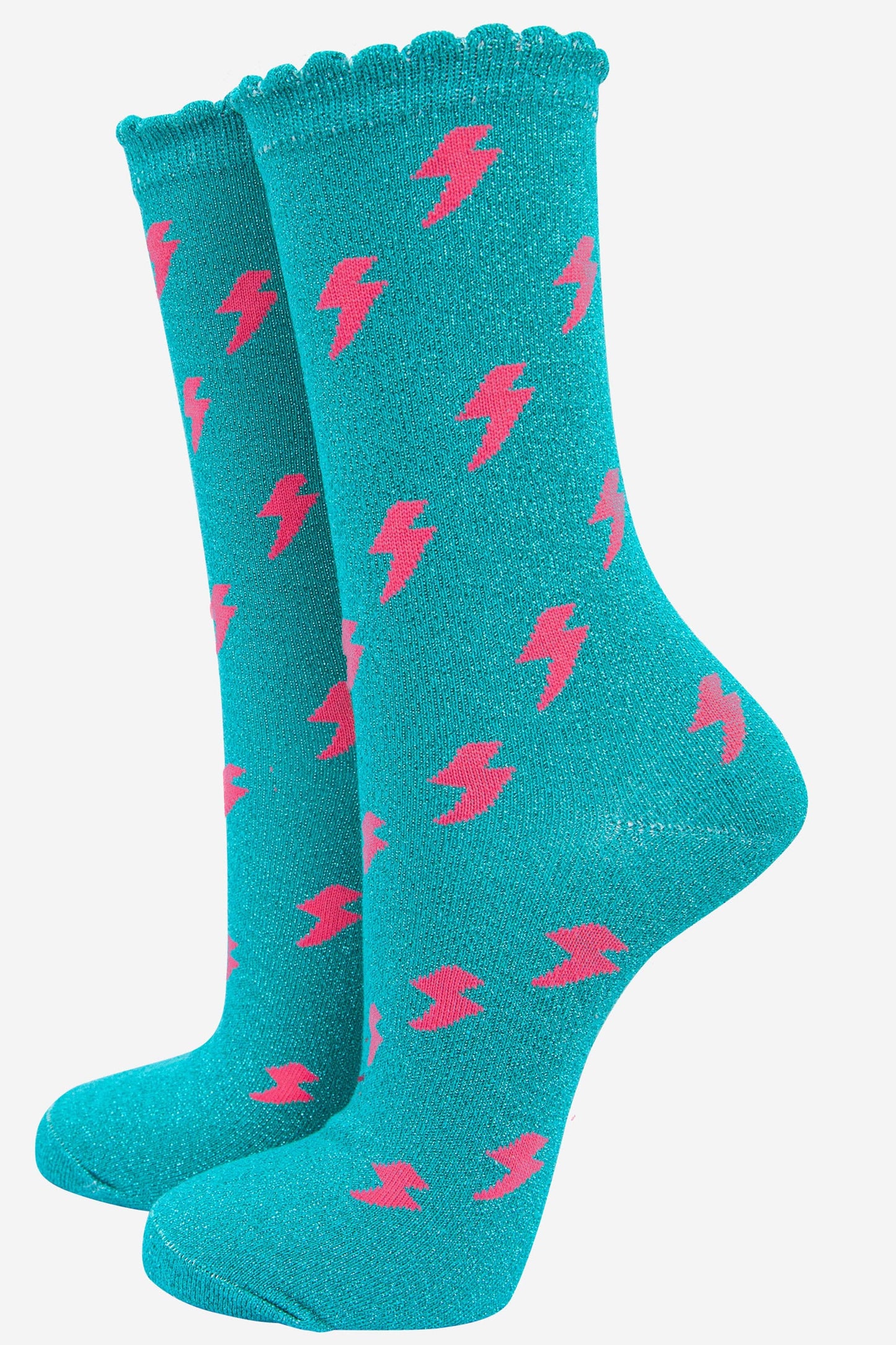Sock Talk - Women's Cotton Glitter Socks Lightning Bolt Blue Aqua