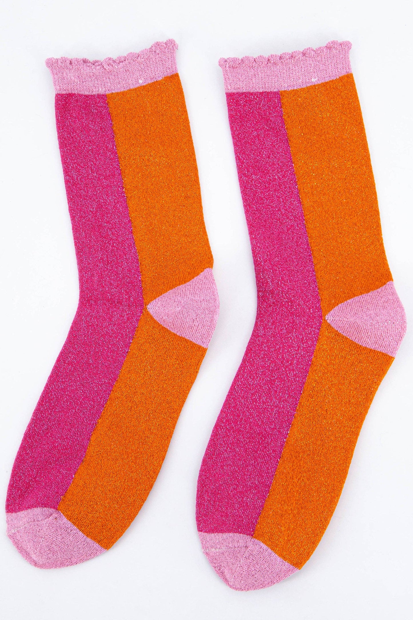 Sock Talk - Women's Cotton Glitter Socks Colour Block in Pink & Orange