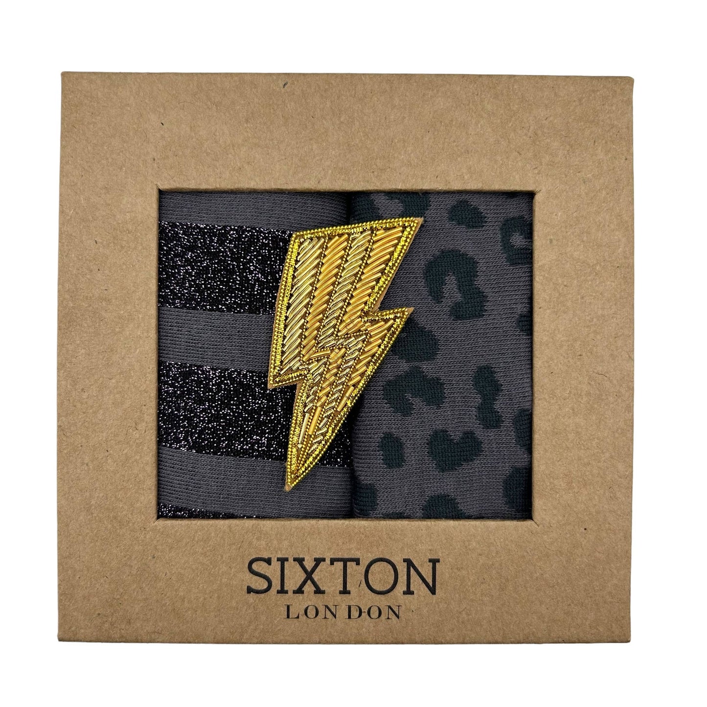 Sixton London - Charcoal leopard & Berlin sock box duo lightning bolt