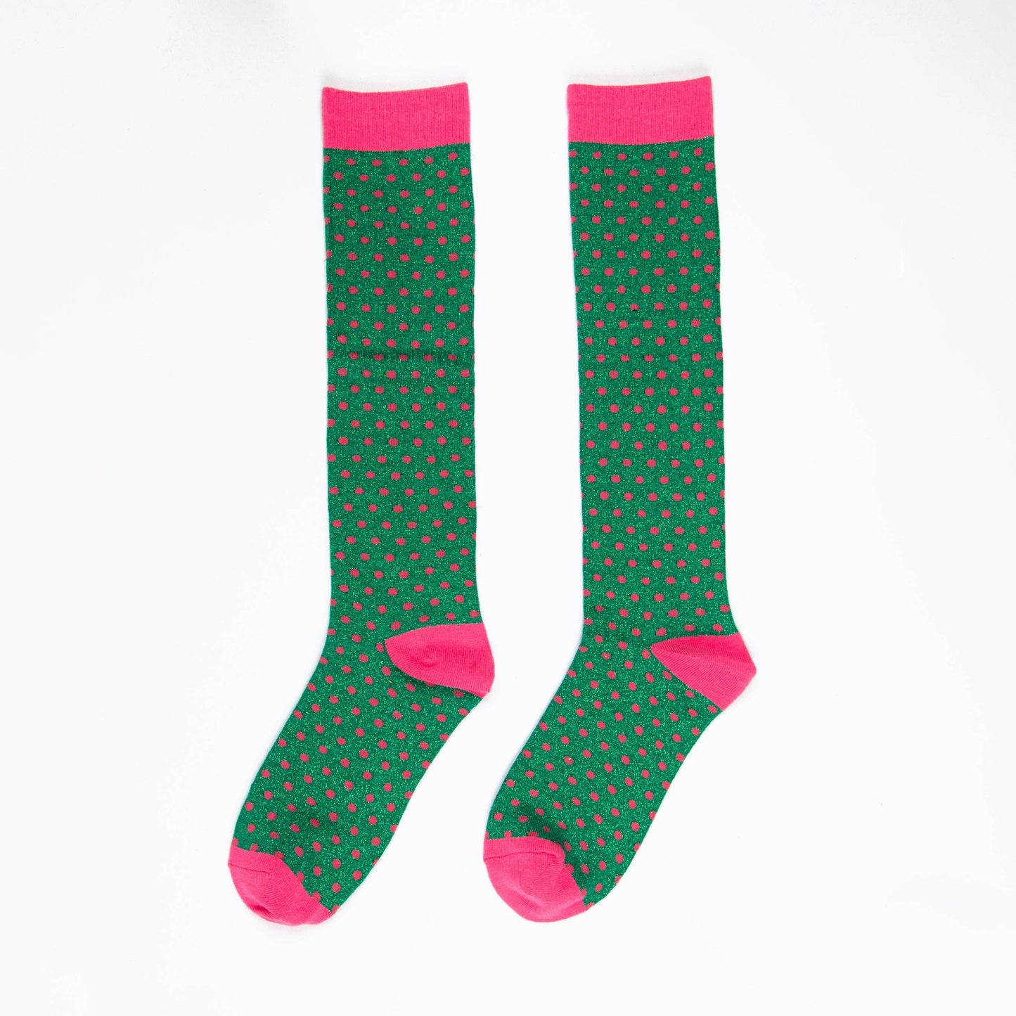 Sock Talk - Women's Knee High Glitter Socks - Green/Pink, Polka Dots