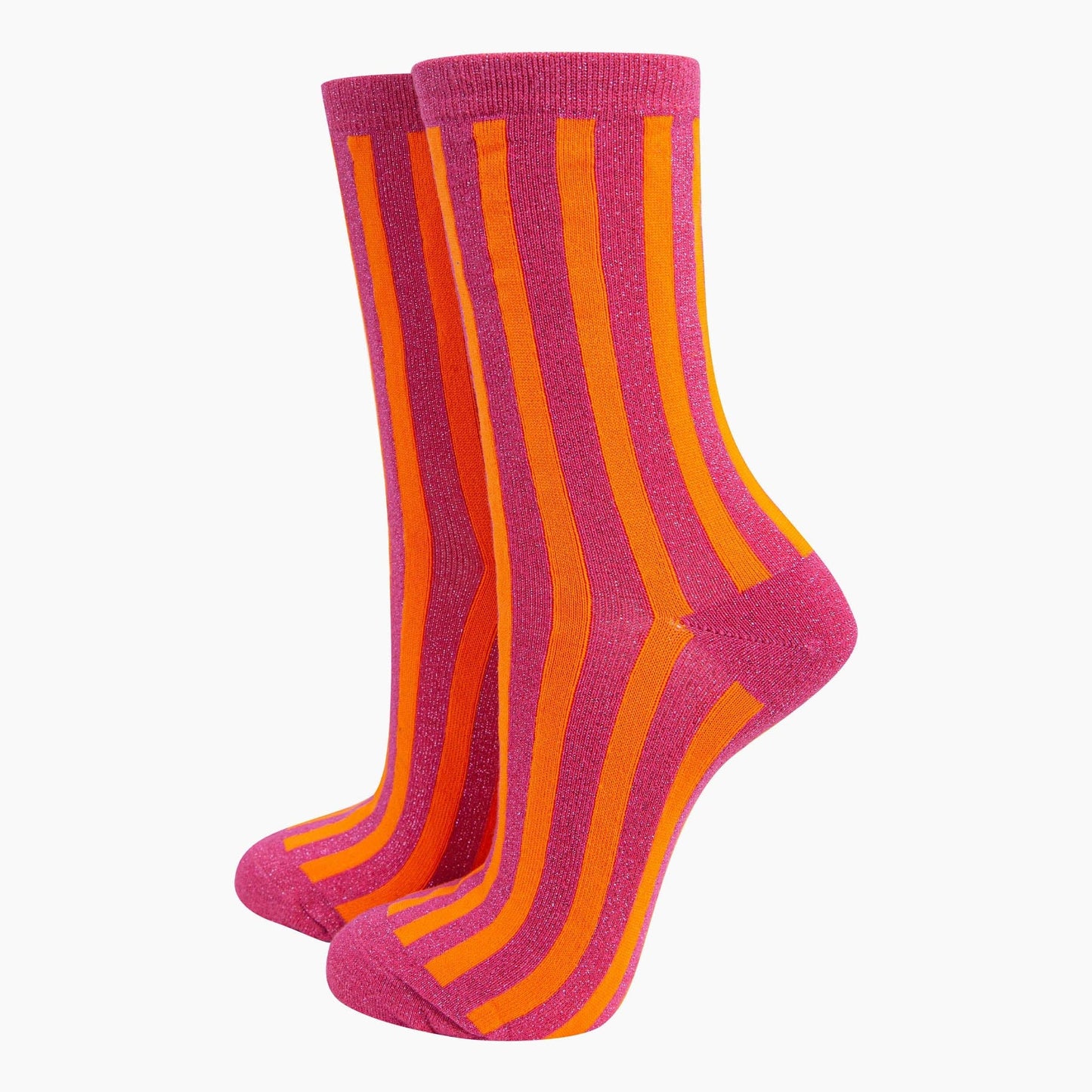 Sock Talk - Women's Glitter Socks - Hot Pink/Orange, Stripes