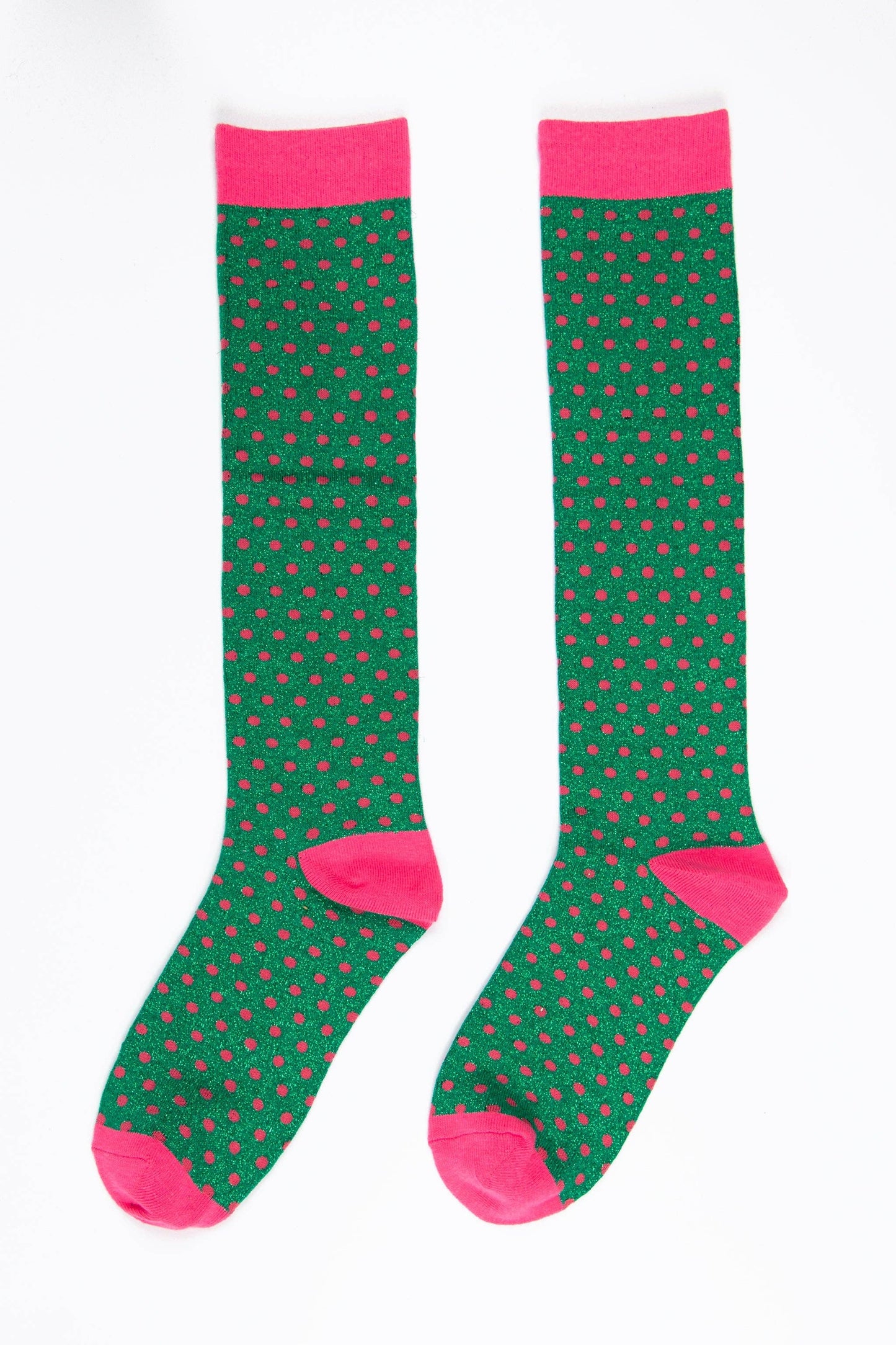 Sock Talk - Women's Knee High Glitter Socks - Green/Pink, Polka Dots