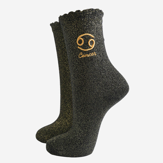 Sock Talk - Women's Glitter Socks - Black/Gold, Zodiac Cancer