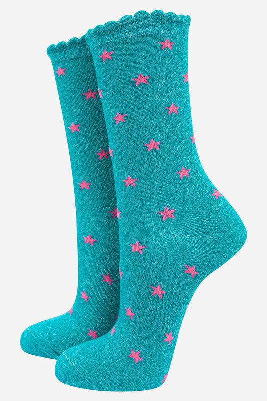 Sock Talk - Womens Star Print Cotton Glitter Socks in Aqua Blue