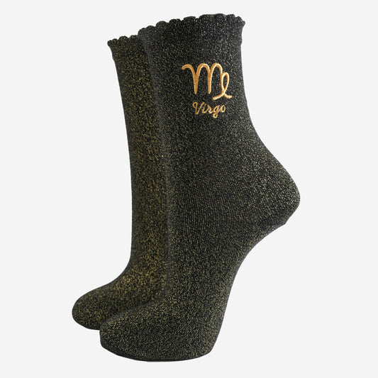 Sock Talk - Women's Glitter Socks - Black/Gold, Zodiac Virgo