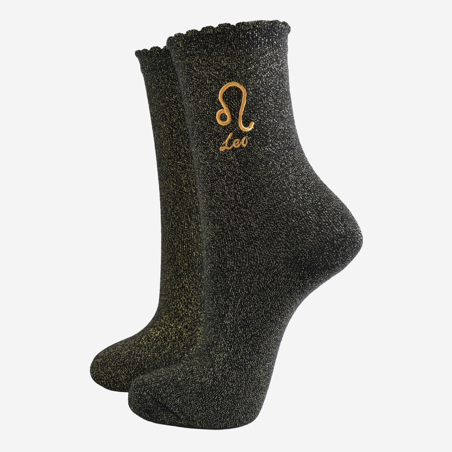 Sock Talk - Women's Glitter Socks - Black/Gold, Zodiac Leo