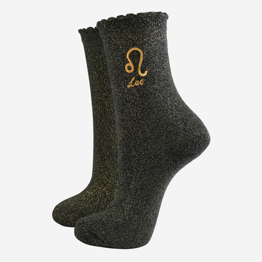 Sock Talk - Women's Glitter Socks - Black/Gold, Zodiac Leo
