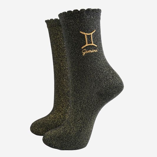 Sock Talk - Women's Glitter Socks - Black/Gold, Zodiac Gemini