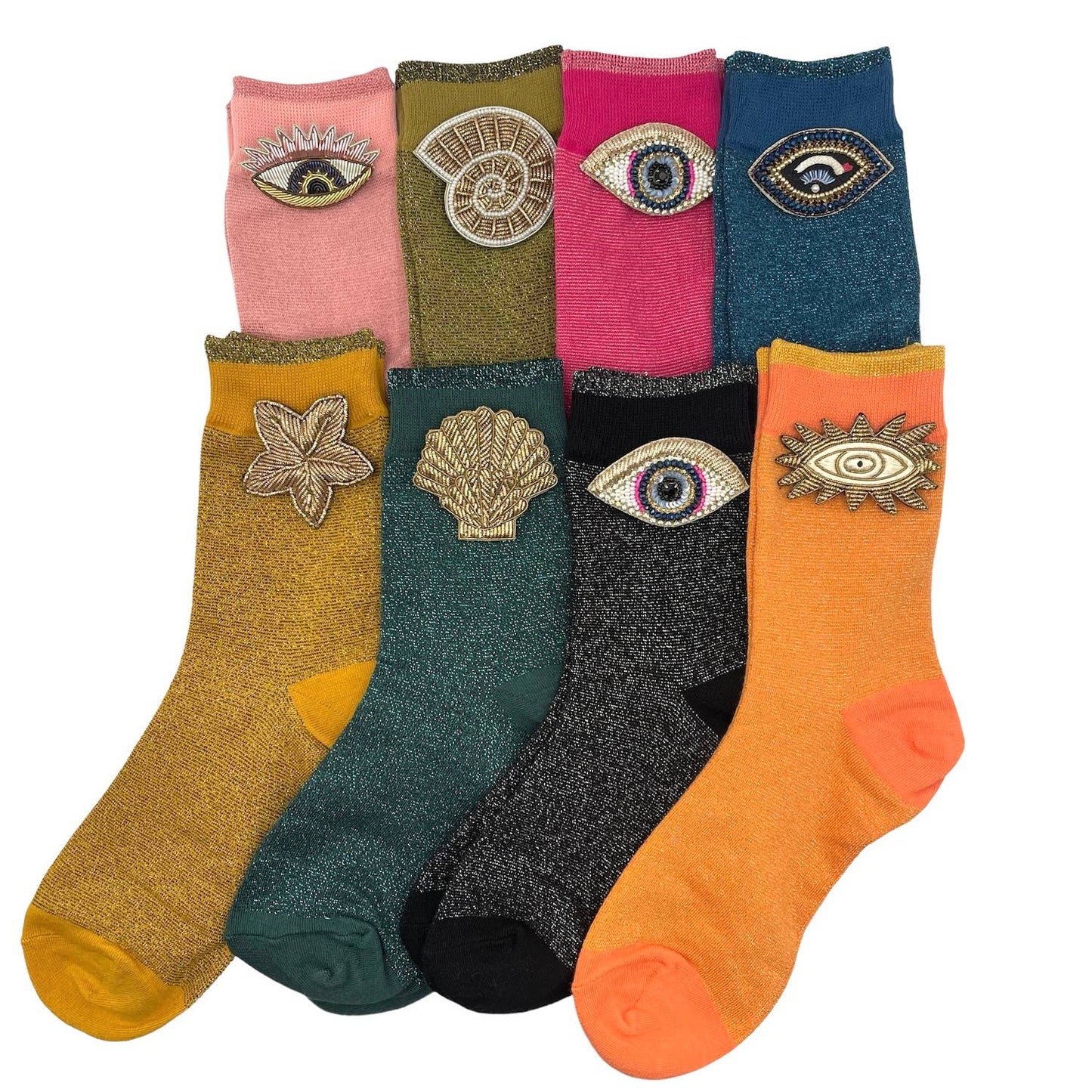 Sixton London - Tokyo socks with eclectic beaded pins: Teal/ Shell