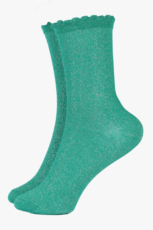 Sock Talk - Glitter Socks Silver Ankle Socks Green with Scalloped Cuff