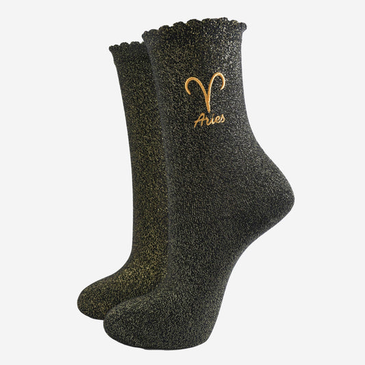 Sock Talk - Women's Glitter Socks - Black/Gold, Zodiac Aries
