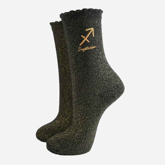 Sock Talk - Women's Glitter Socks - Black/Gold, Zodiac Sagittarius