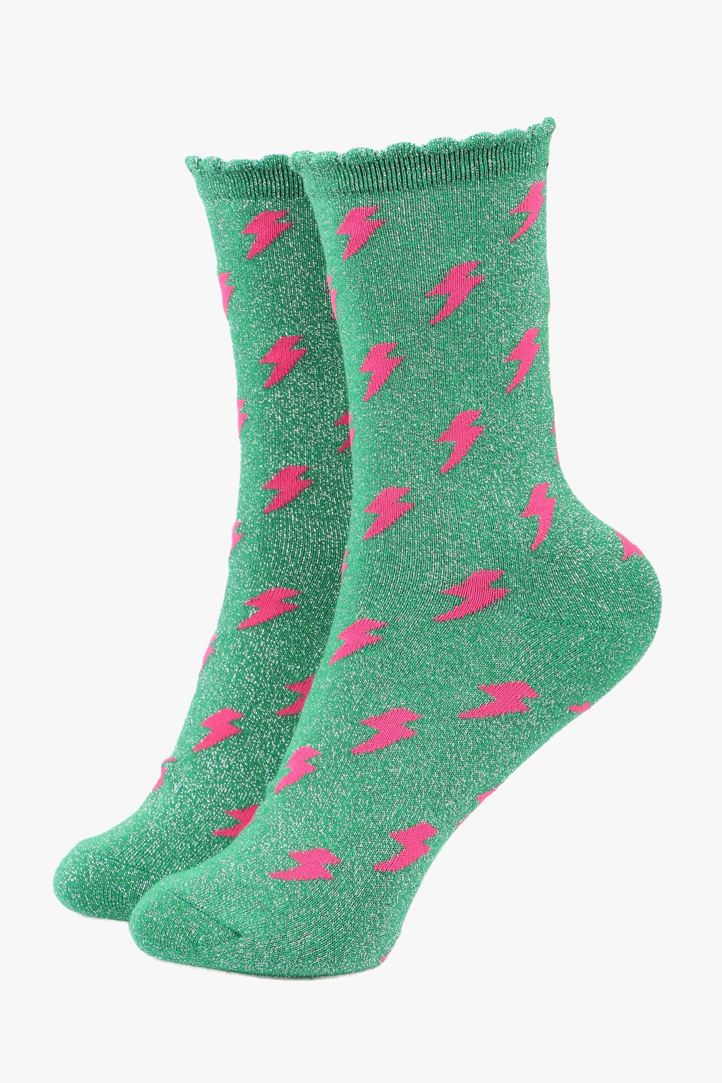 Sock Talk - Green Pink Lightning Glitter Socks with a Scalloped Cuff