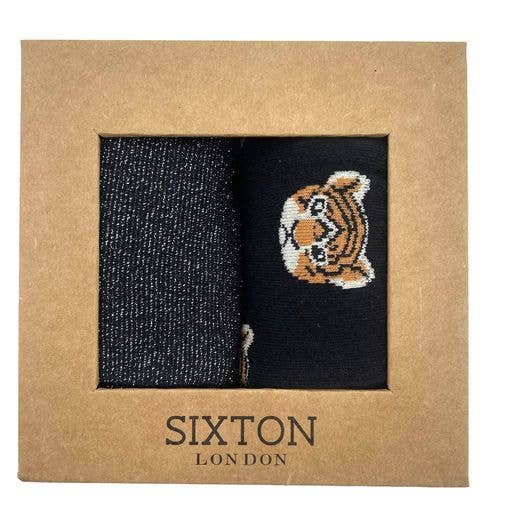 Sixton London - Black tiger face & black Tokyo sock box duo: With lightning bolt pin