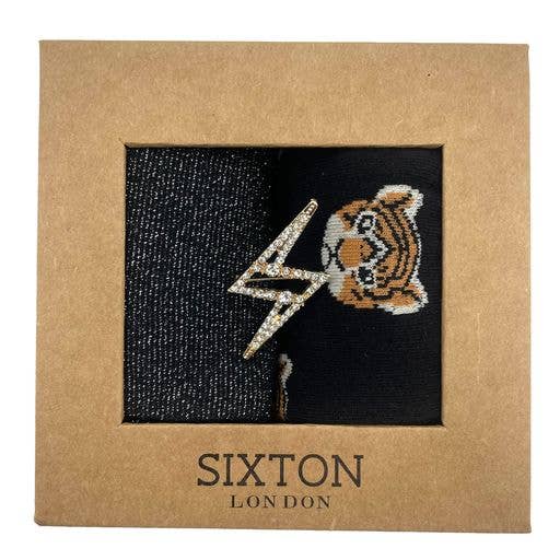 Sixton London - Black tiger face & black Tokyo sock box duo: With lightning bolt pin