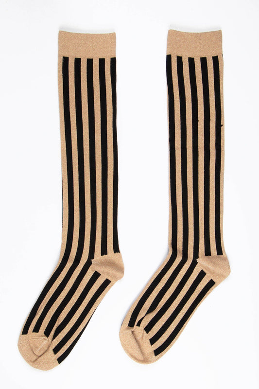 Sock Talk - Women's Knee High Glitter Socks - Black/Gold, Stripe