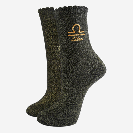 Sock Talk - Women's Glitter Socks - Black/Gold, Zodiac Libra