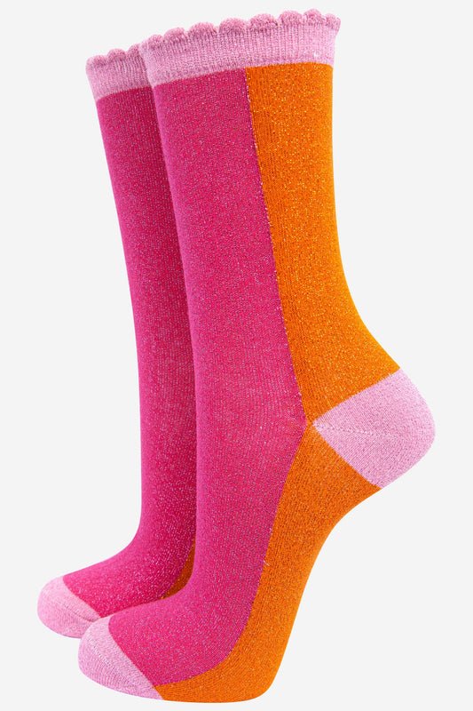 Sock Talk - Women's Cotton Glitter Socks Colour Block in Pink & Orange