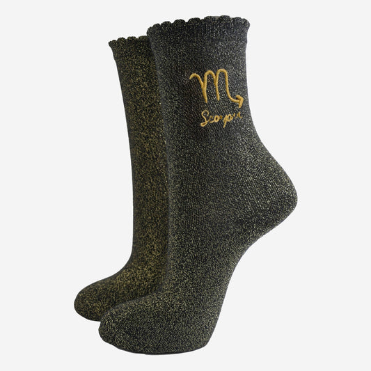 Sock Talk - Women's Glitter Socks - Black/Gold, Zodiac Scorpio