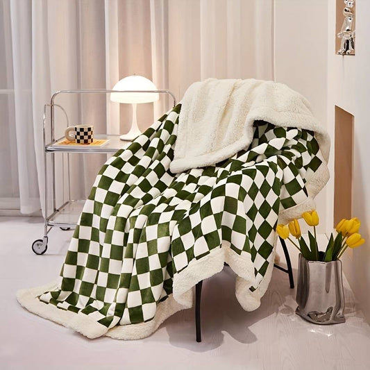 Checkerboard Sherpa Luxury Throw Blanket Green & White