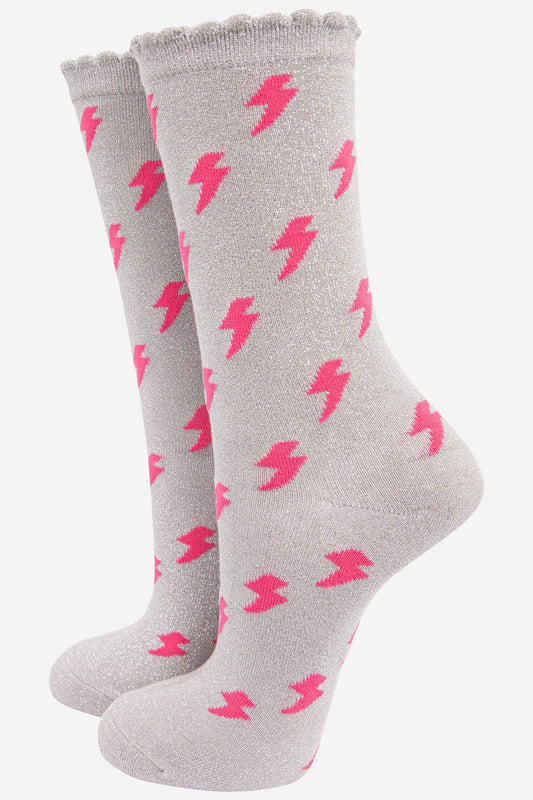 Sock Talk - Women's Cotton Glitter Socks Lightning Bolt Grey