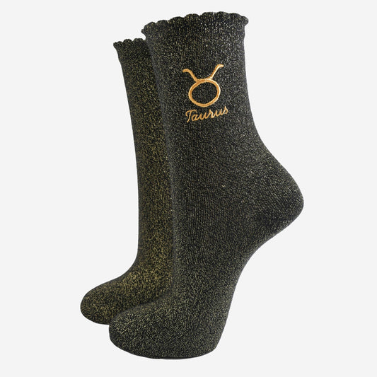 Sock Talk - Women's Glitter Socks - Black/Gold, Zodiac Taurus