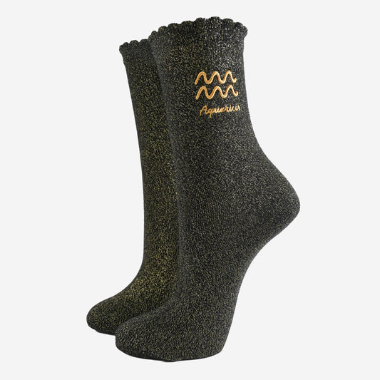 Sock Talk - Women's Glitter Socks - Black/Gold, Zodiac Aquarius