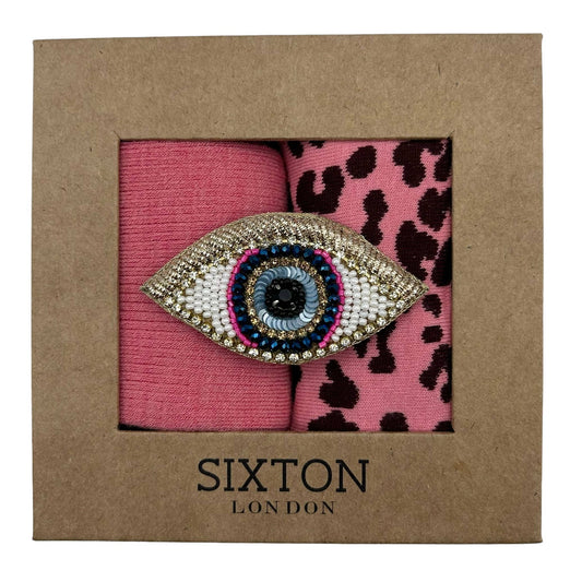 Sixton London - Pink Barcelona and leopard sock box duo with gold eye pin