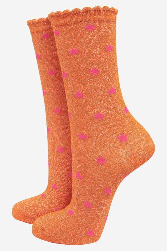 Sock Talk - Womens Star Print Cotton Glitter Socks in Orange
