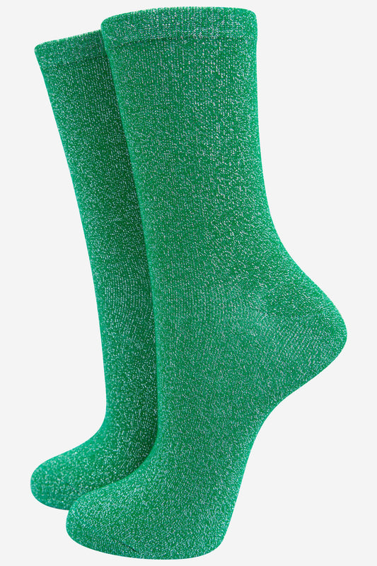 Sock Talk - Womens Glitter Socks Silver Sparkly Ankle Socks Green