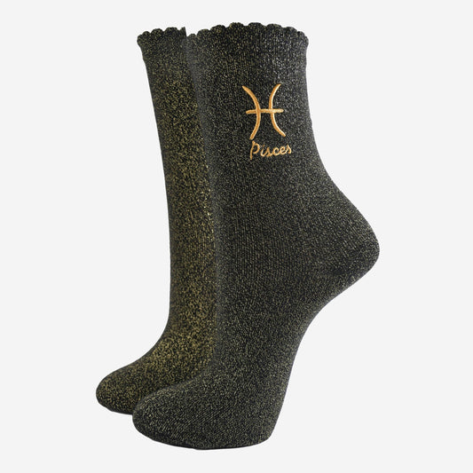 Sock Talk - Women's Glitter Socks - Black/Gold, Zodiac Pisces