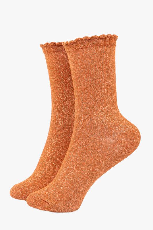 Sock Talk - Burnt Orange All Over Glitter Socks with Scalloped Cuff