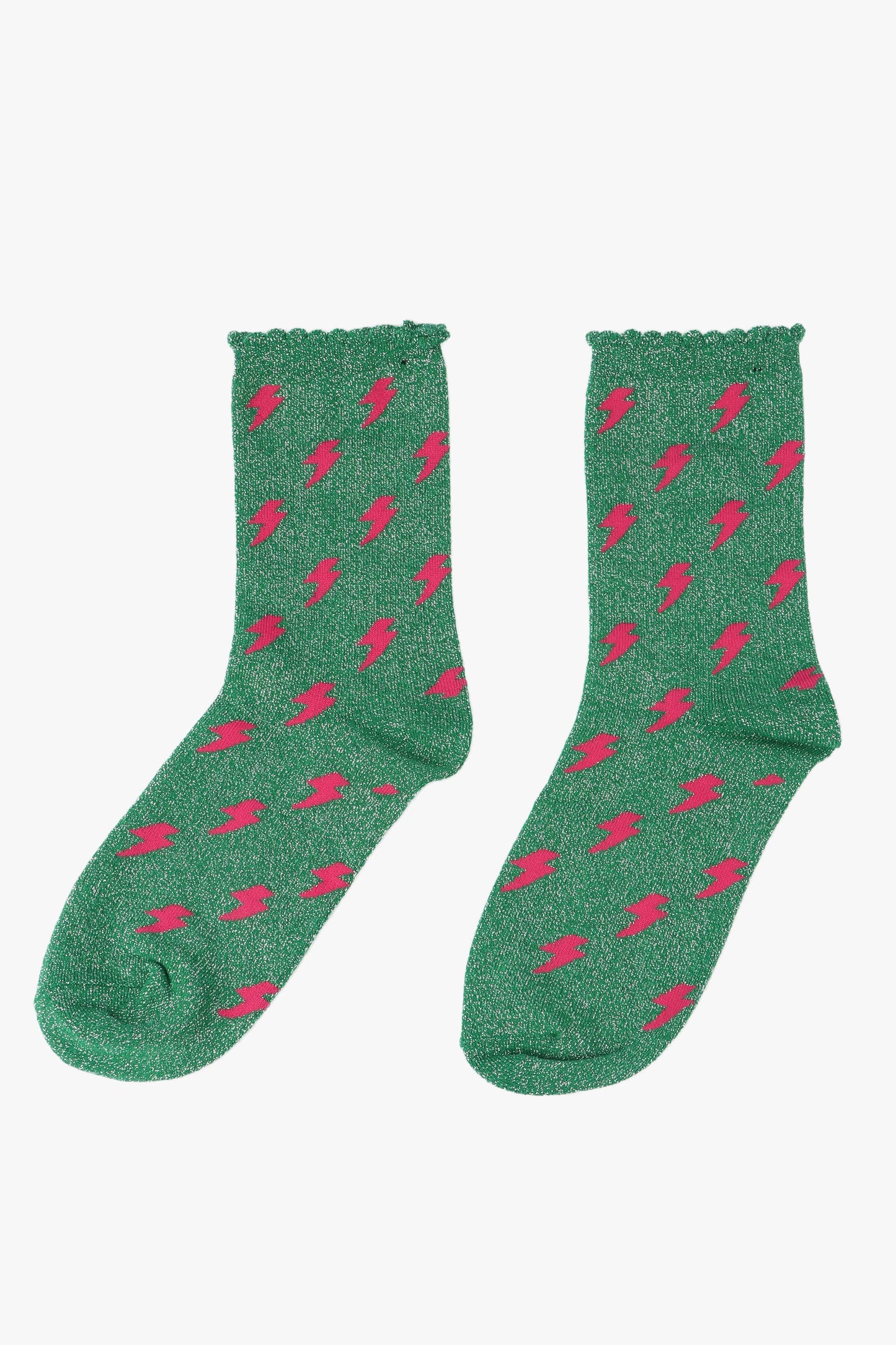 Sock Talk - Green Pink Lightning Glitter Socks with a Scalloped Cuff
