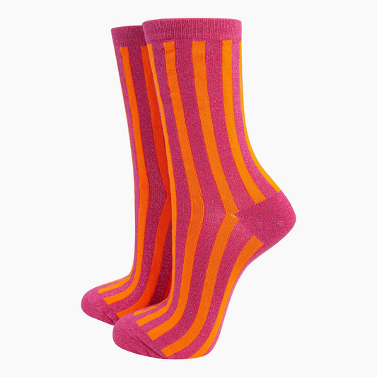 Sock Talk - Women's Glitter Socks - Hot Pink/Orange, Stripes