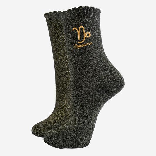Sock Talk - Women's Glitter Socks - Black/Gold, Zodiac Capricorn